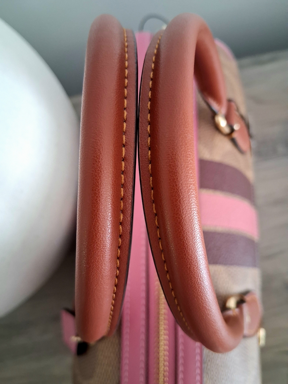 NWT Authentic Coach Rowan Brown Signature Satchel with Pink & Wine Stripe Accent - Picture 8 of 12